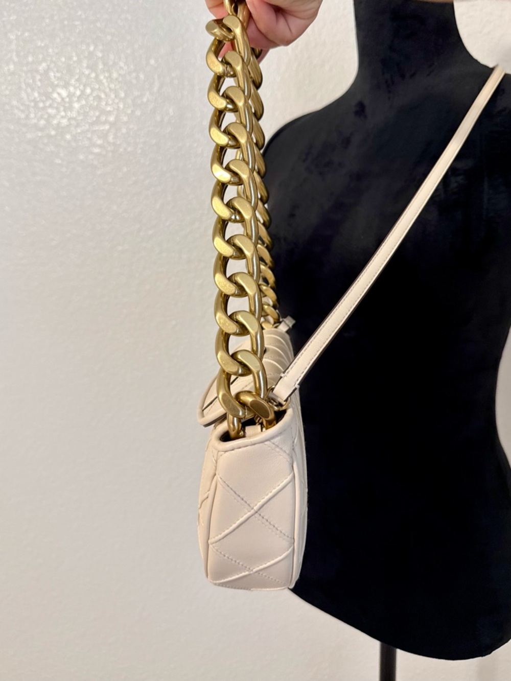 Tory Burch Cream Mini Fleming Crescent Bag with Gold Chain - Picture 7 of 17